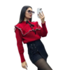 Pull Rouge en Maille avec Volants et Nœud