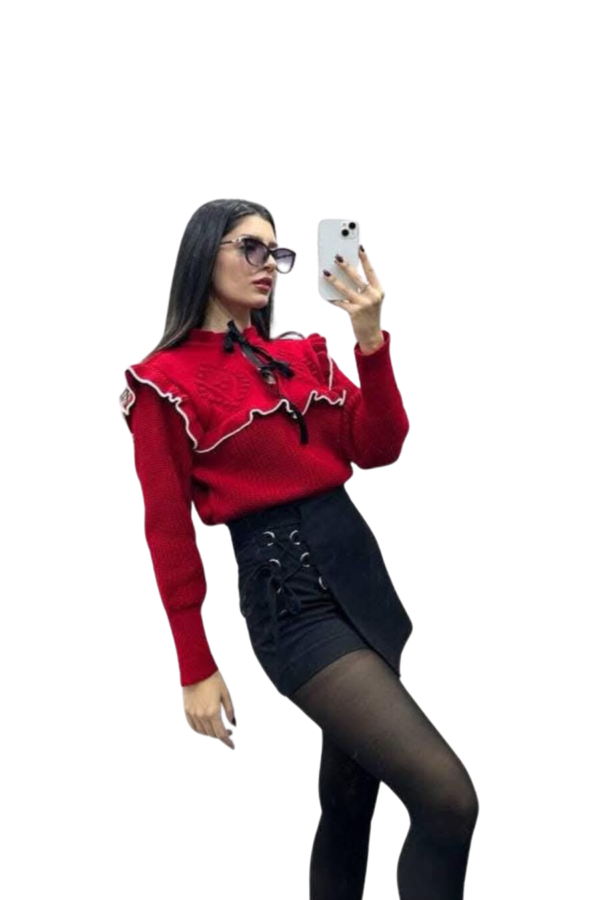 Pull Rouge en Maille avec Volants et Nœud