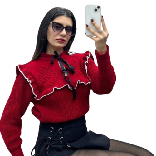 Pull Rouge en Maille avec Volants et Nœud