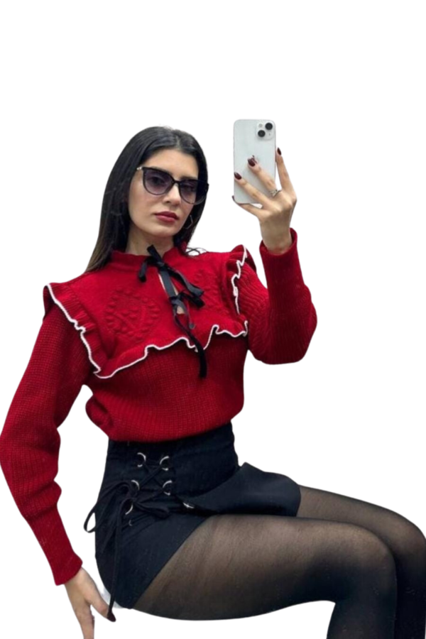 Pull Rouge en Maille avec Volants et Nœud